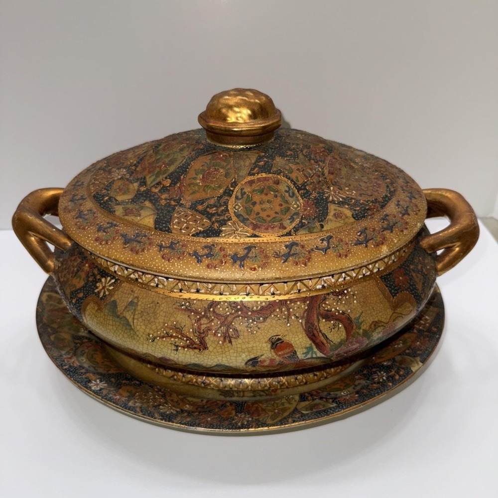 Vintage Hand Painted Royal Satsuma Covered Tureen Platter Set Moriage Gold